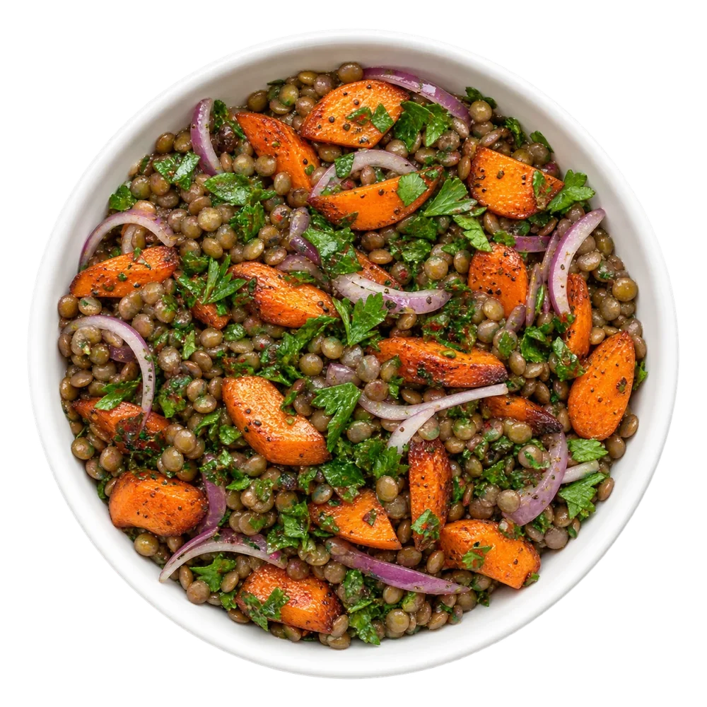 Тёплый салат из чечевицы и моркови